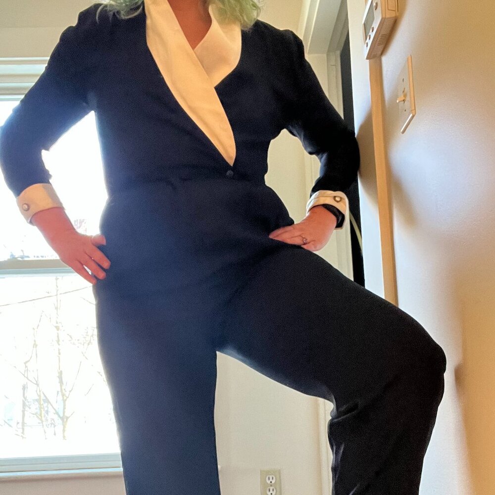 Vintage JR Nites by Caliendo Women Size 10 Satin Jumpsuit Black White Tuxedo